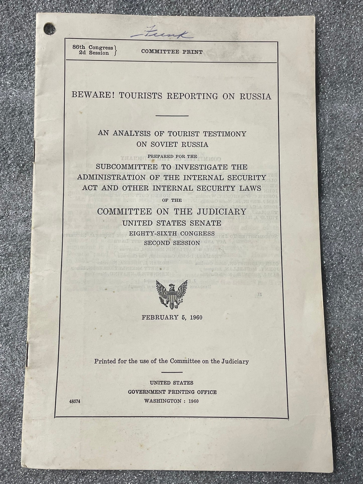 Beware! Tourists Reporting On Russia - US Senate 1960 - RARE —FREE SHIPPING
